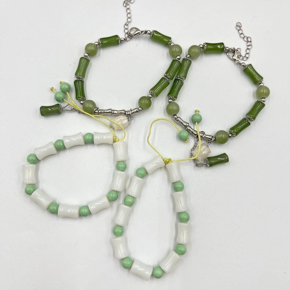 Vintage Faux Jade & Bone Bamboo Bead Bracelet Set 4pc Zen Nature Green White